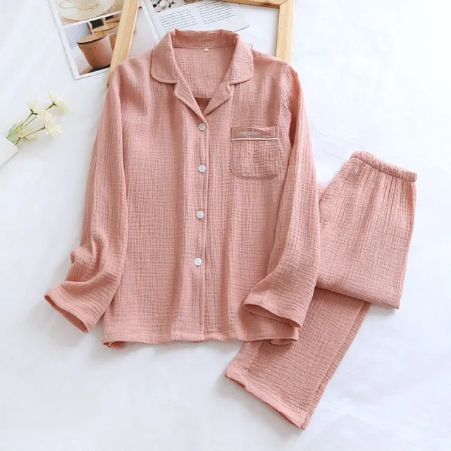 VenusFox Couple's Cotton Crepe Double Layer Gauze Pajamas Men and Women Large Size Sleepwear Long Sleeve Solid Pyjamas Two Piece Set