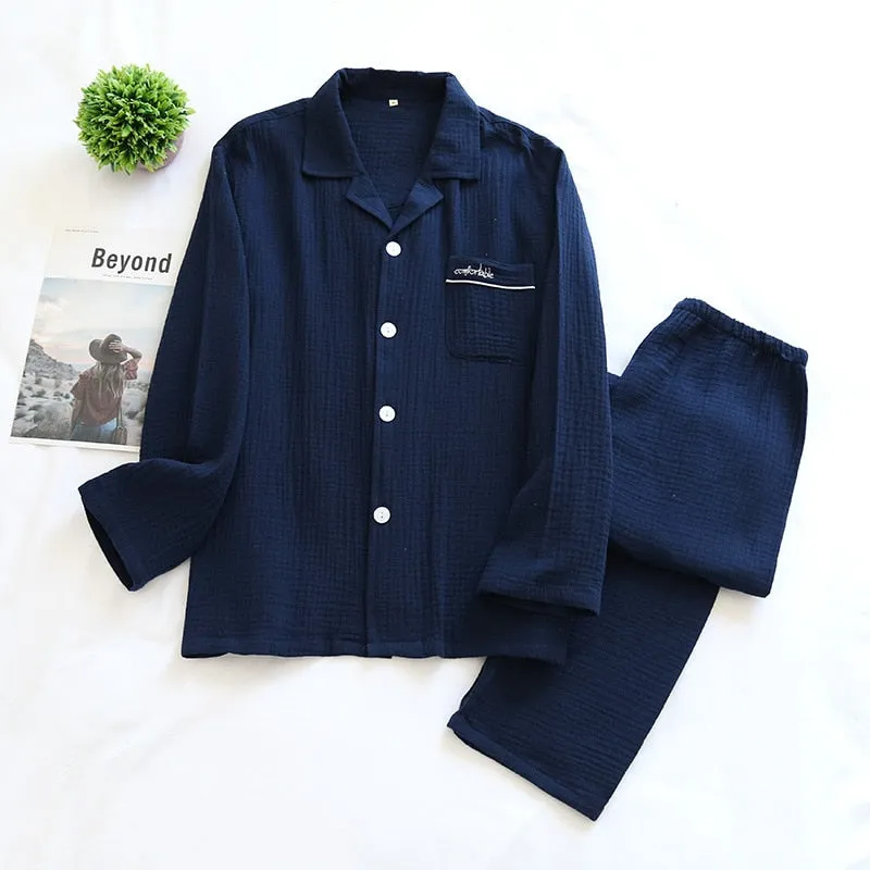 VenusFox Couple's Cotton Crepe Double Layer Gauze Pajamas Men and Women Large Size Sleepwear Long Sleeve Solid Pyjamas Two Piece Set