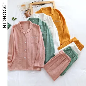VenusFox Couple's Cotton Crepe Double Layer Gauze Pajamas Men and Women Large Size Sleepwear Long Sleeve Solid Pyjamas Two Piece Set