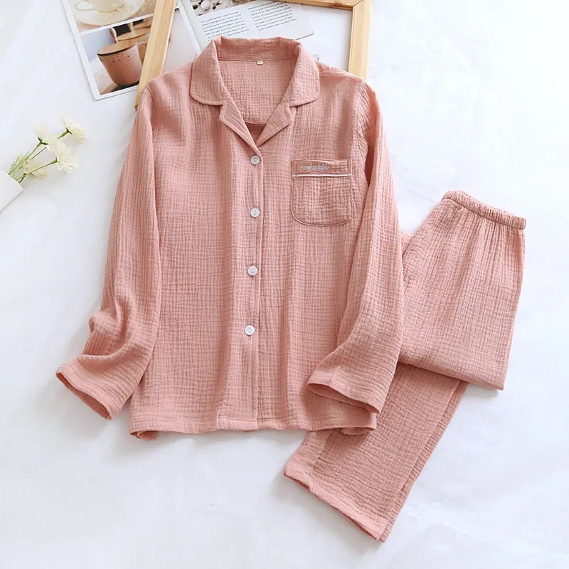 VenusFox Couple's Cotton Crepe Double Layer Gauze Pajamas Men and Women Large Size Sleepwear Long Sleeve Solid Pyjamas Two Piece Set