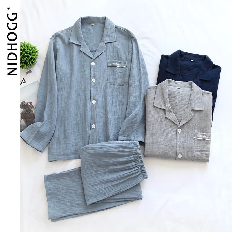 VenusFox Couple's Cotton Crepe Double Layer Gauze Pajamas Men and Women Large Size Sleepwear Long Sleeve Solid Pyjamas Two Piece Set