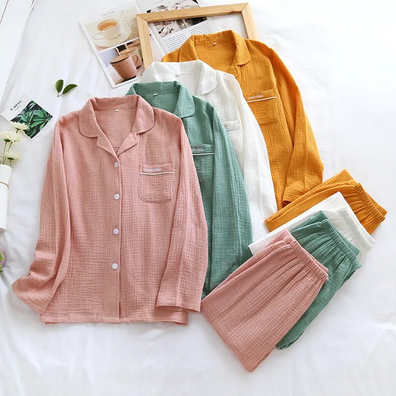 VenusFox Couple's Cotton Crepe Double Layer Gauze Pajamas Men and Women Large Size Sleepwear Long Sleeve Solid Pyjamas Two Piece Set