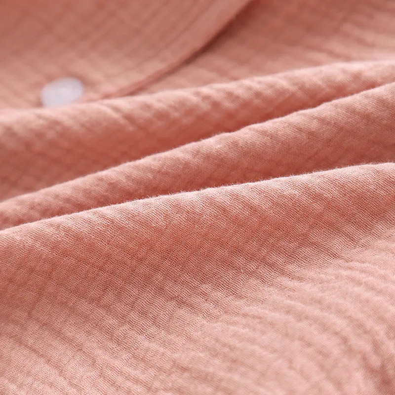 VenusFox Couple's Cotton Crepe Double Layer Gauze Pajamas Men and Women Large Size Sleepwear Long Sleeve Solid Pyjamas Two Piece Set