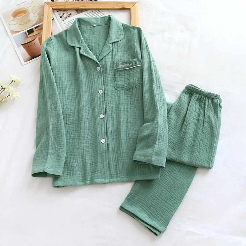 VenusFox Couple's Cotton Crepe Double Layer Gauze Pajamas Men and Women Large Size Sleepwear Long Sleeve Solid Pyjamas Two Piece Set