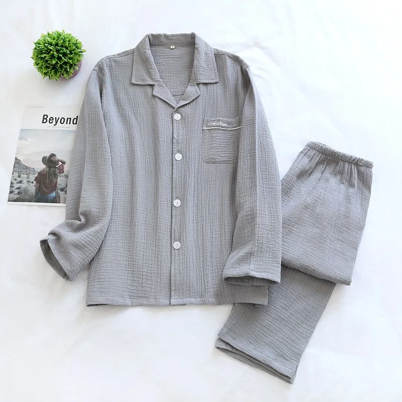 VenusFox Couple's Cotton Crepe Double Layer Gauze Pajamas Men and Women Large Size Sleepwear Long Sleeve Solid Pyjamas Two Piece Set