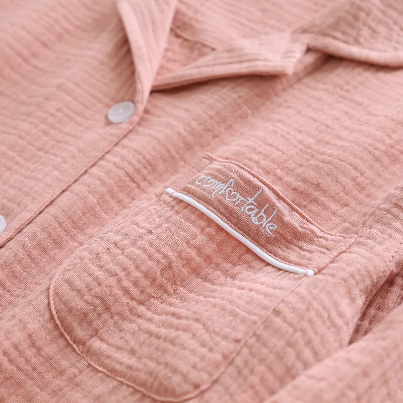 VenusFox Couple's Cotton Crepe Double Layer Gauze Pajamas Men and Women Large Size Sleepwear Long Sleeve Solid Pyjamas Two Piece Set