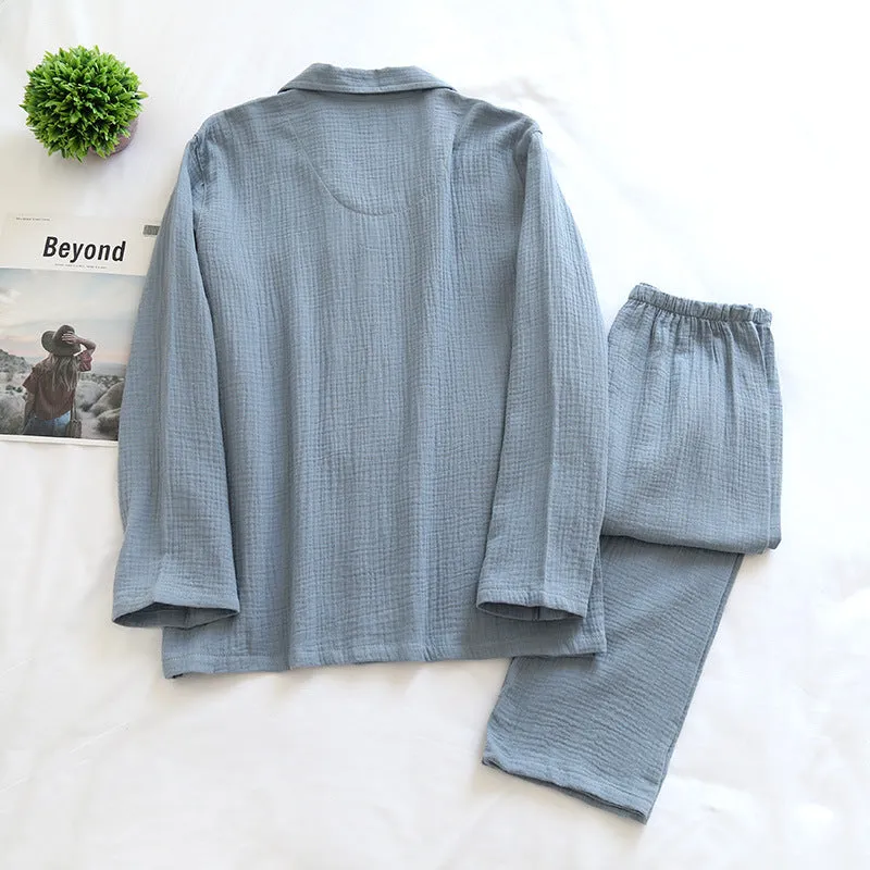 VenusFox Couple's Cotton Crepe Double Layer Gauze Pajamas Men and Women Large Size Sleepwear Long Sleeve Solid Pyjamas Two Piece Set