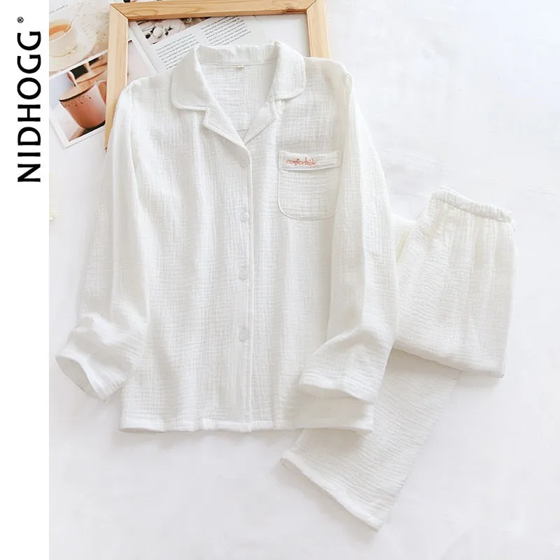 VenusFox Couple's Cotton Crepe Double Layer Gauze Pajamas Men and Women Large Size Sleepwear Long Sleeve Solid Pyjamas Two Piece Set