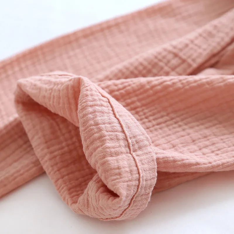 VenusFox Couple's Cotton Crepe Double Layer Gauze Pajamas Men and Women Large Size Sleepwear Long Sleeve Solid Pyjamas Two Piece Set