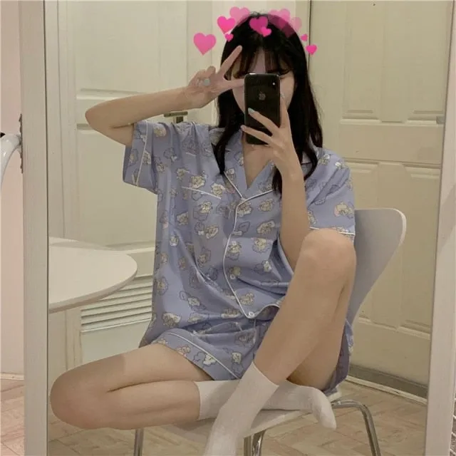 VenusFox Summer Ladies Cartoon Pajamas Set Cute Bear Print Sleepwear Short Sleeve Shorts Nightwear Sweet Girl Korea Home Cloths