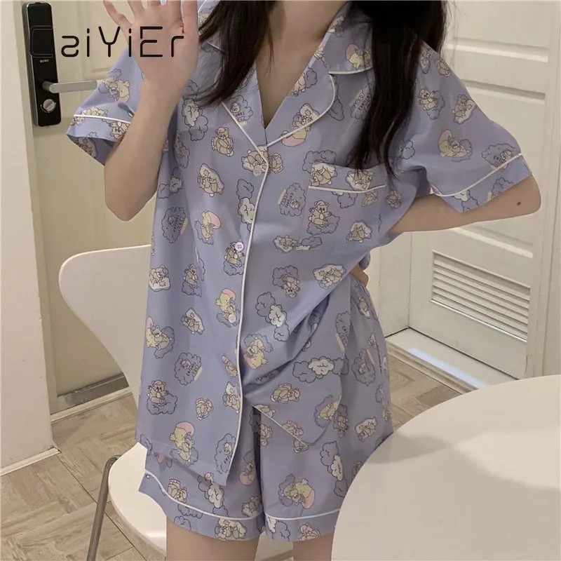 VenusFox Summer Ladies Cartoon Pajamas Set Cute Bear Print Sleepwear Short Sleeve Shorts Nightwear Sweet Girl Korea Home Cloths