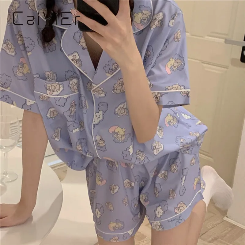 VenusFox Summer Ladies Cartoon Pajamas Set Cute Bear Print Sleepwear Short Sleeve Shorts Nightwear Sweet Girl Korea Home Cloths