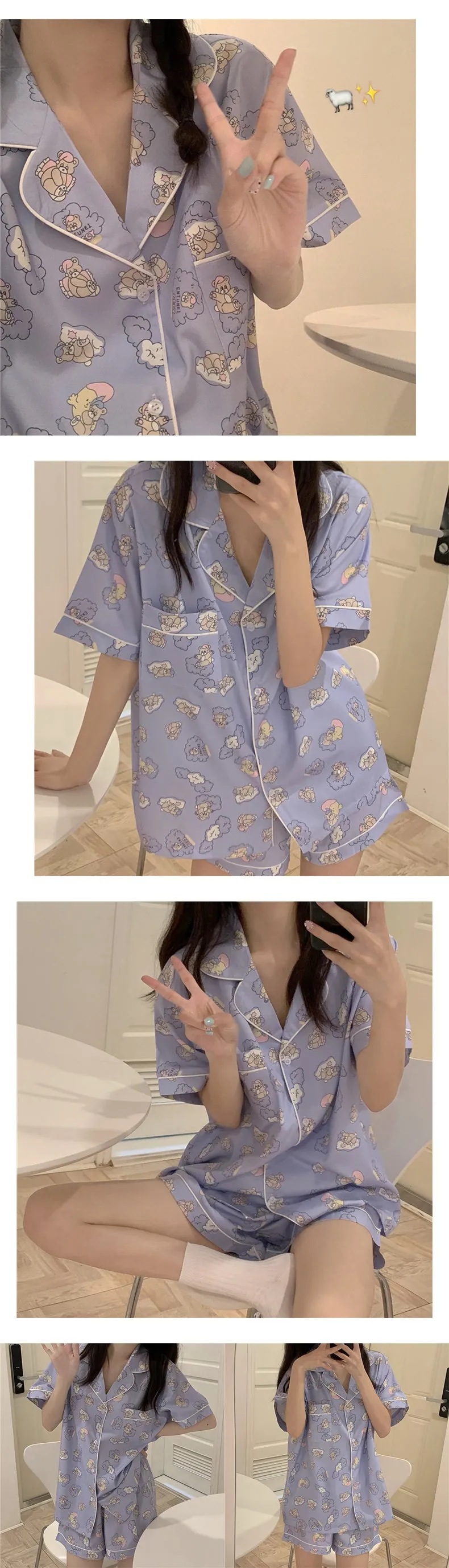 VenusFox Summer Ladies Cartoon Pajamas Set Cute Bear Print Sleepwear Short Sleeve Shorts Nightwear Sweet Girl Korea Home Cloths