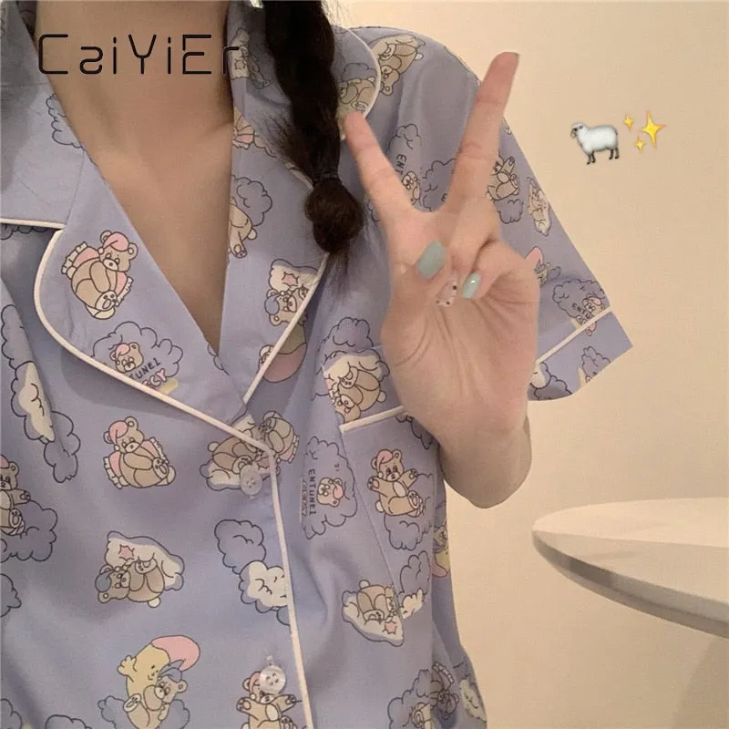VenusFox Summer Ladies Cartoon Pajamas Set Cute Bear Print Sleepwear Short Sleeve Shorts Nightwear Sweet Girl Korea Home Cloths