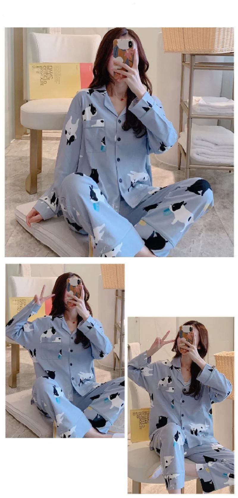 VenusFox Women's Pajamas Set Lingerie for Female Spring V-Neck Long Sleeves Trousers Suit Sleepwear Sets Viscose