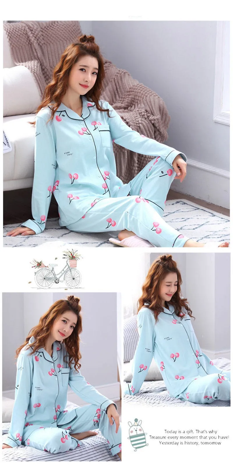 VenusFox Women's Pajamas Set Lingerie for Female Spring V-Neck Long Sleeves Trousers Suit Sleepwear Sets Viscose