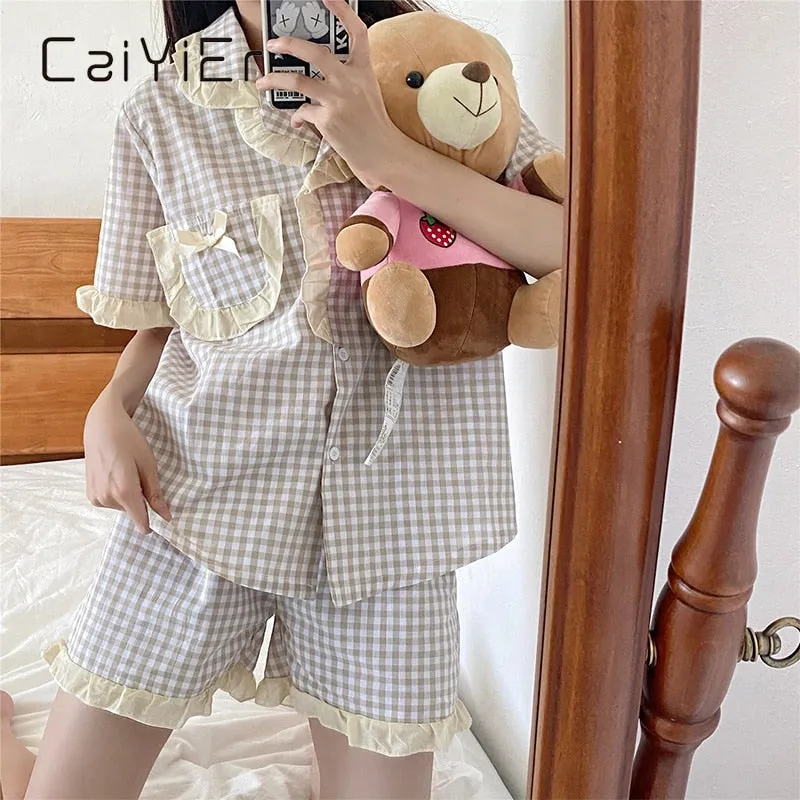 VenusFox Women's Pajamas Sweet Girl Plaid Sleepwear Short Sleeve Shorts Retro Ruffle Nightwear Kawaii Japan Homewear