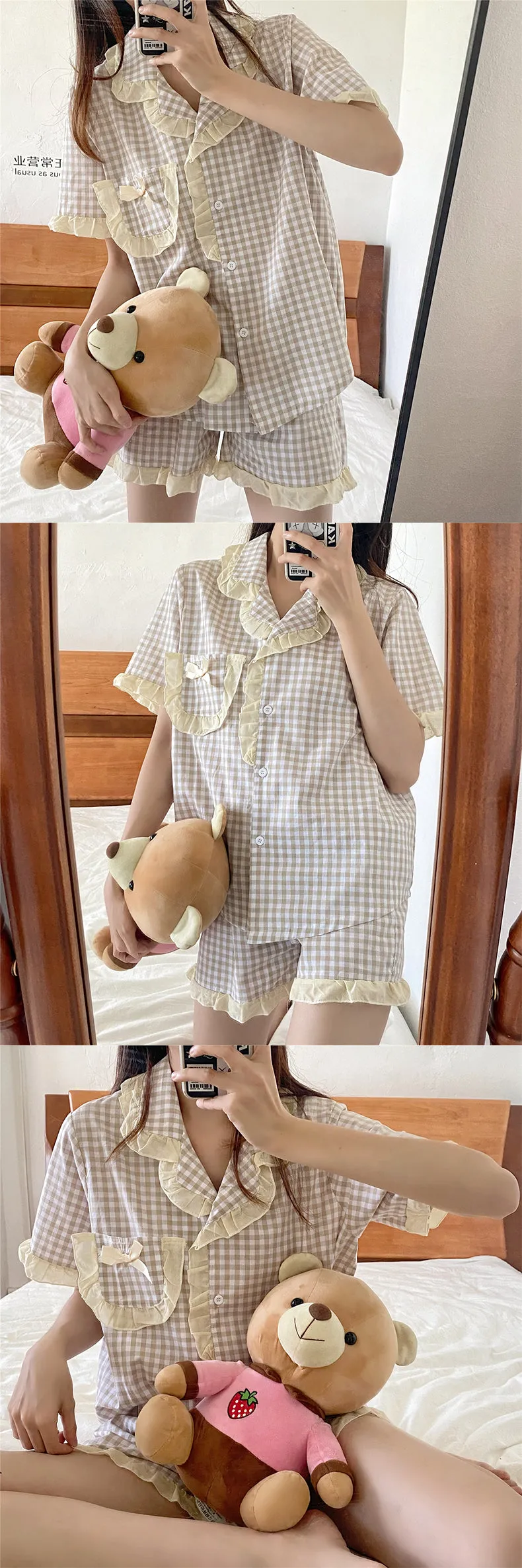 VenusFox Women's Pajamas Sweet Girl Plaid Sleepwear Short Sleeve Shorts Retro Ruffle Nightwear Kawaii Japan Homewear