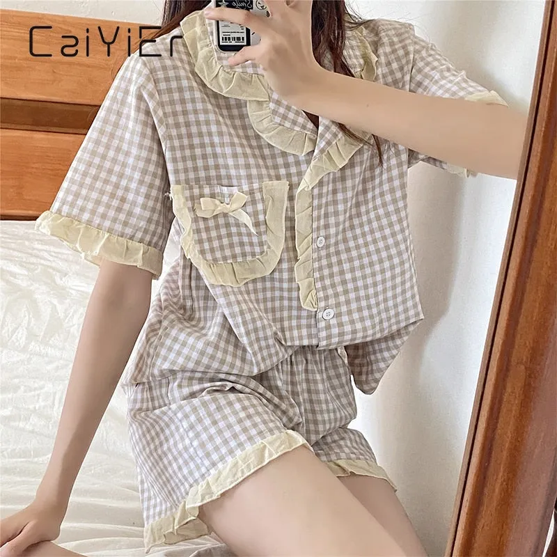 VenusFox Women's Pajamas Sweet Girl Plaid Sleepwear Short Sleeve Shorts Retro Ruffle Nightwear Kawaii Japan Homewear