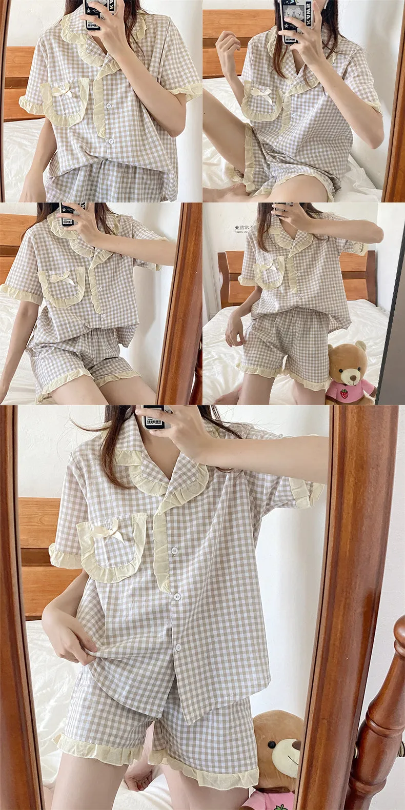 VenusFox Women's Pajamas Sweet Girl Plaid Sleepwear Short Sleeve Shorts Retro Ruffle Nightwear Kawaii Japan Homewear