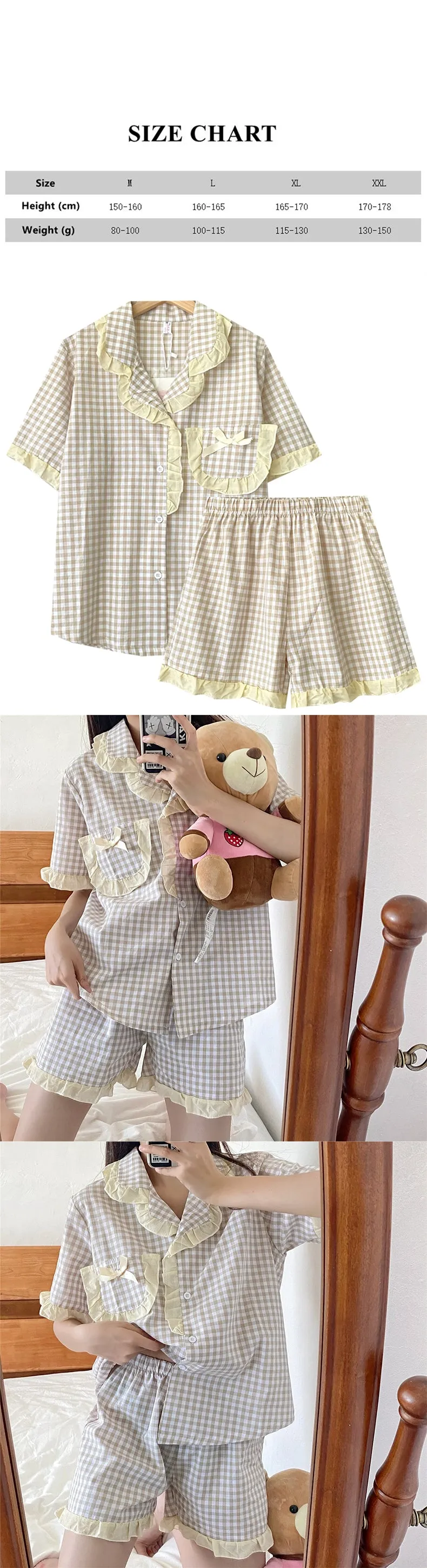 VenusFox Women's Pajamas Sweet Girl Plaid Sleepwear Short Sleeve Shorts Retro Ruffle Nightwear Kawaii Japan Homewear