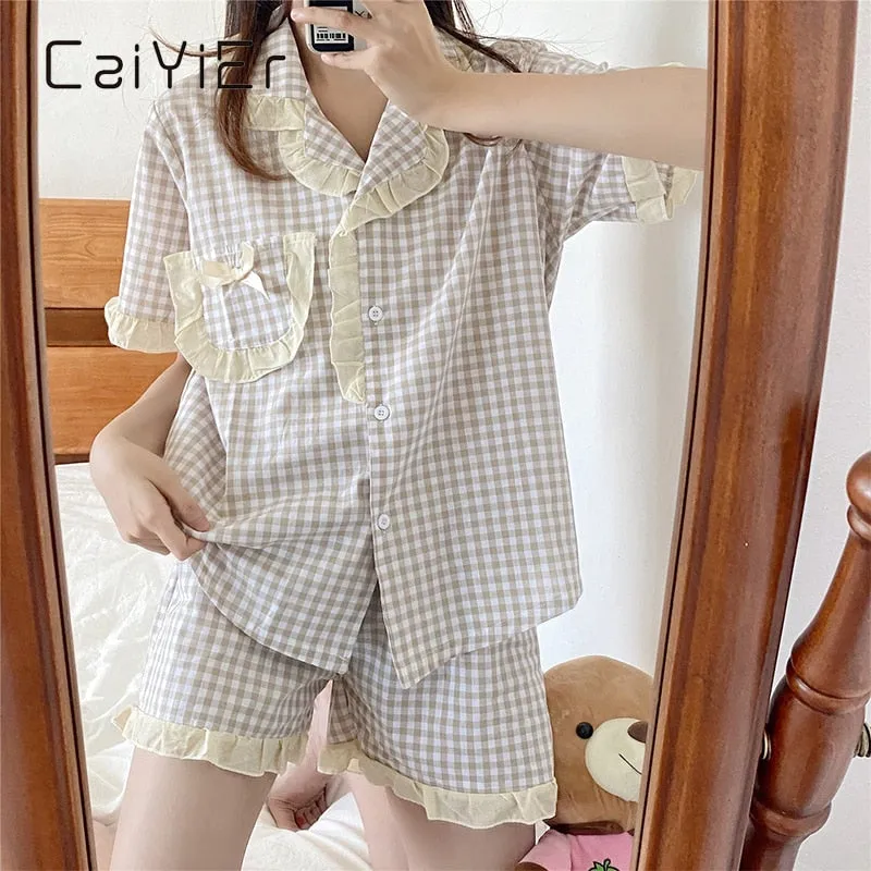 VenusFox Women's Pajamas Sweet Girl Plaid Sleepwear Short Sleeve Shorts Retro Ruffle Nightwear Kawaii Japan Homewear