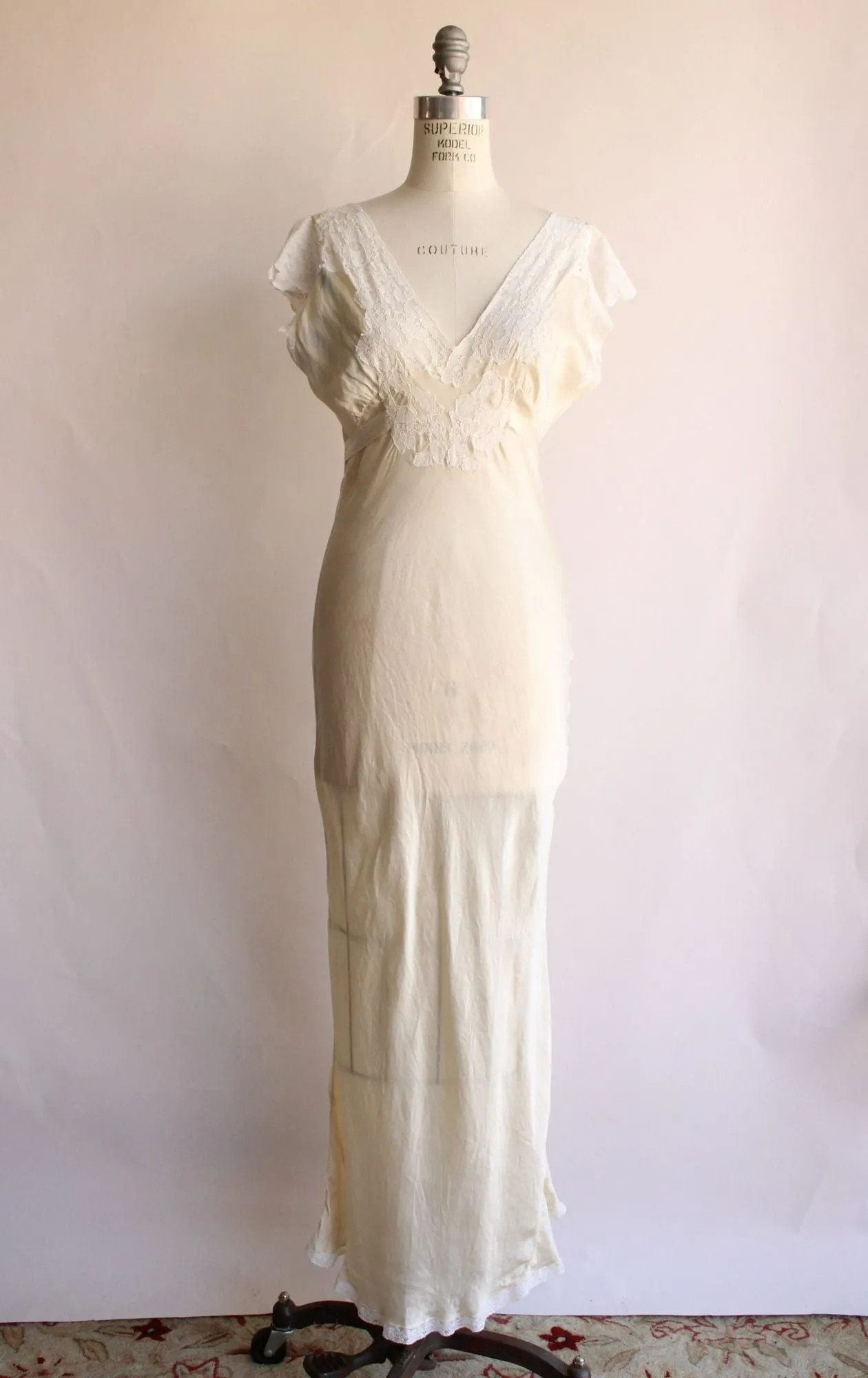 Vintage 1940s Ivory Silk Nightgown with Lace Trim