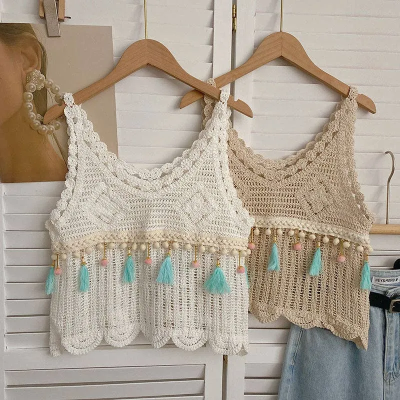 Vintage Fringe Hollow-Out Sleeveless Knit Vest - BEIGE