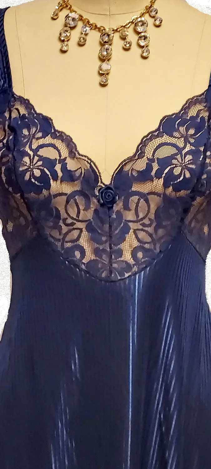 *VINTAGE SHIMMERING NAVY LACE NIGHTGOWN WITH CRISS CROSS BACK