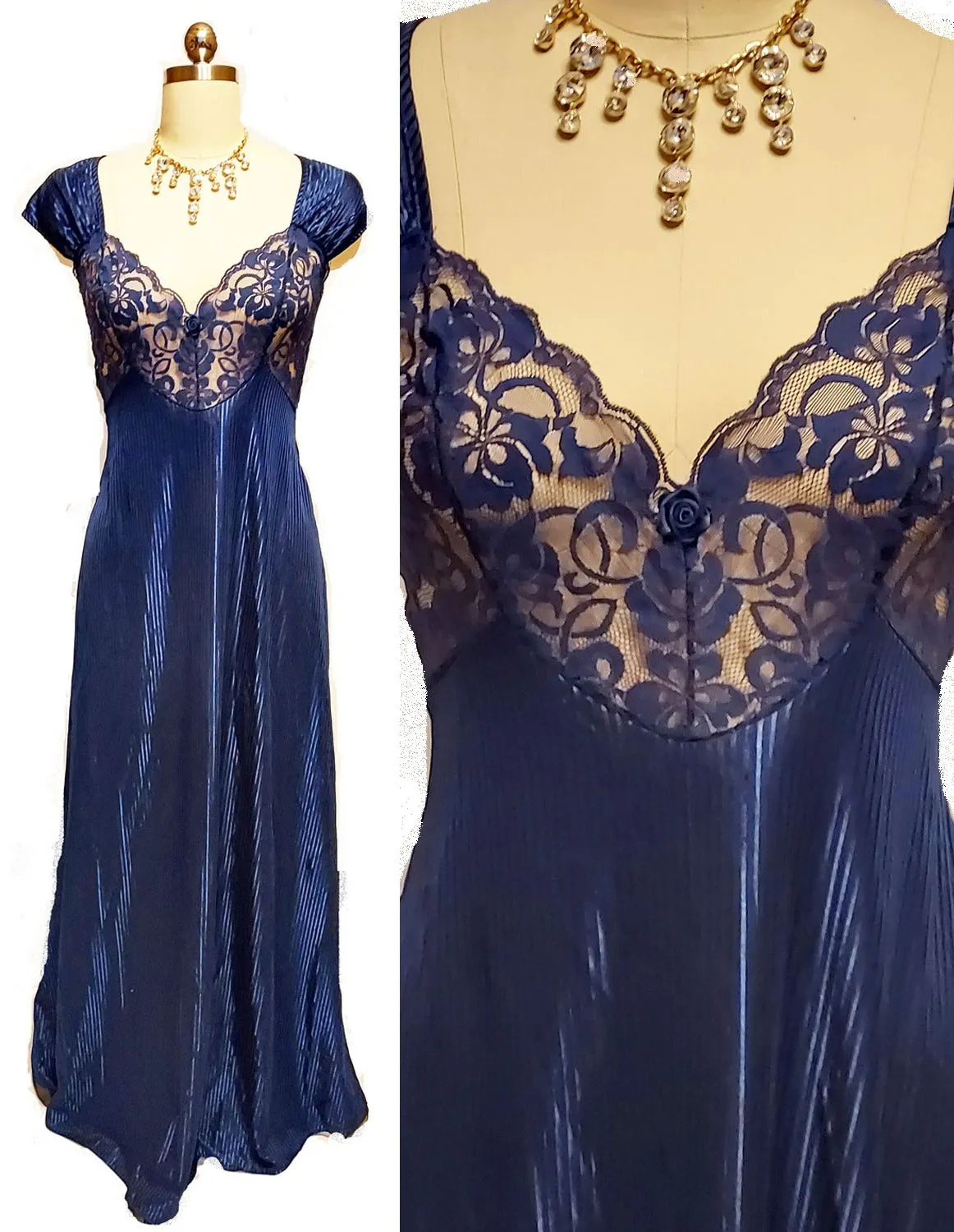 *VINTAGE SHIMMERING NAVY LACE NIGHTGOWN WITH CRISS CROSS BACK