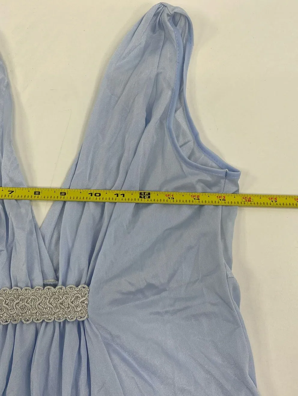 Vintage Women's Light Blue Ruched Sleeveless Nightgown ILGWU - Size Large