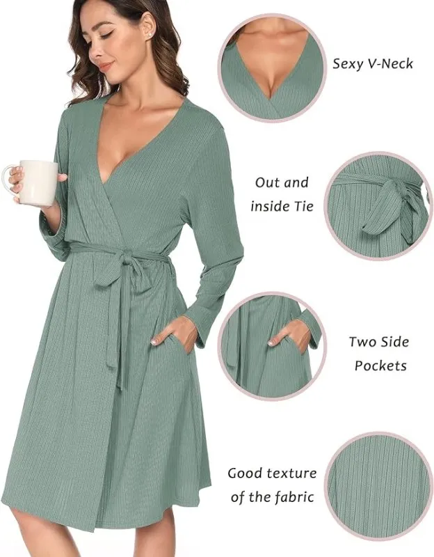 Vlazom Womens Dressing Gown Soft Kimono Robe V-Neck Long Knit Bathrobe Nightwear Sleepwear for All Seasons