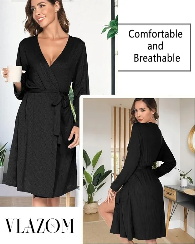 Vlazom Womens Dressing Gown Soft Kimono Robe V-Neck Long Knit Bathrobe Nightwear Sleepwear for All Seasons
