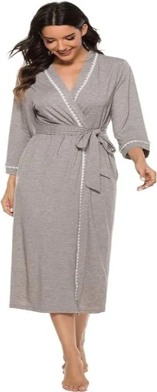 Vlazom Womens Dressing Gown Soft Kimono Robe V-Neck Long Knit Bathrobe Nightwear Sleepwear for All Seasons