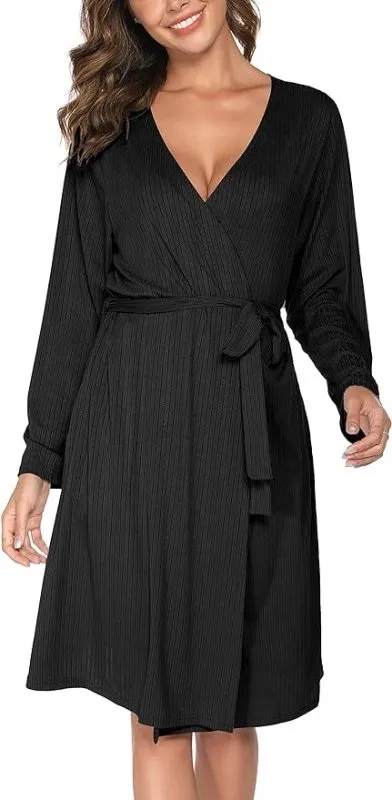 Vlazom Womens Dressing Gown Soft Kimono Robe V-Neck Long Knit Bathrobe Nightwear Sleepwear for All Seasons