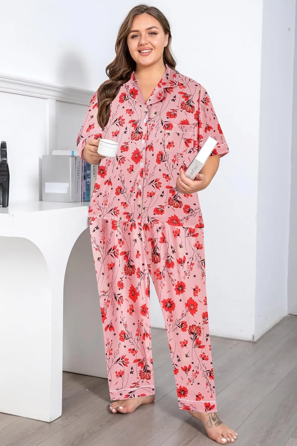 Vozanet Women's Pajamas Set Button Down Short Sleeve Shirt and Pants Soft Knit Polyester Lounge Sets Plus Size 1x to 5x