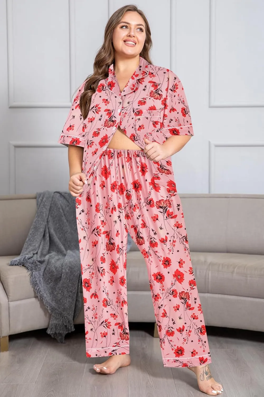 Vozanet Women's Pajamas Set Button Down Short Sleeve Shirt and Pants Soft Knit Polyester Lounge Sets Plus Size 1x to 5x