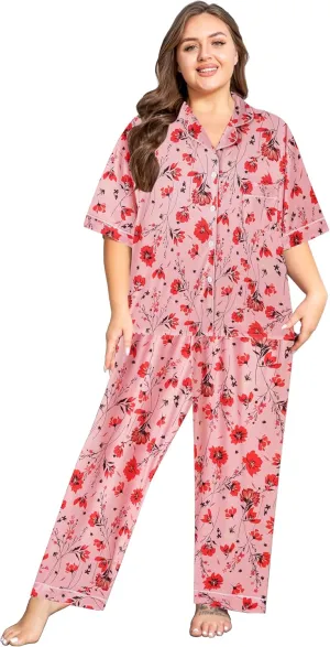 Vozanet Women's Pajamas Set Button Down Short Sleeve Shirt and Pants Soft Knit Polyester Lounge Sets Plus Size 1x to 5x