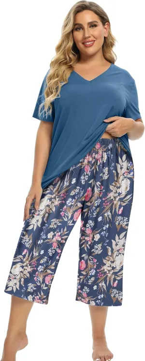 Vozanet Women's Pajamas Set Soft V Neck Sleepwear Top and Capri Pj Lounge Sets Cartoon Heart Shape Cat Nighty Plus Size