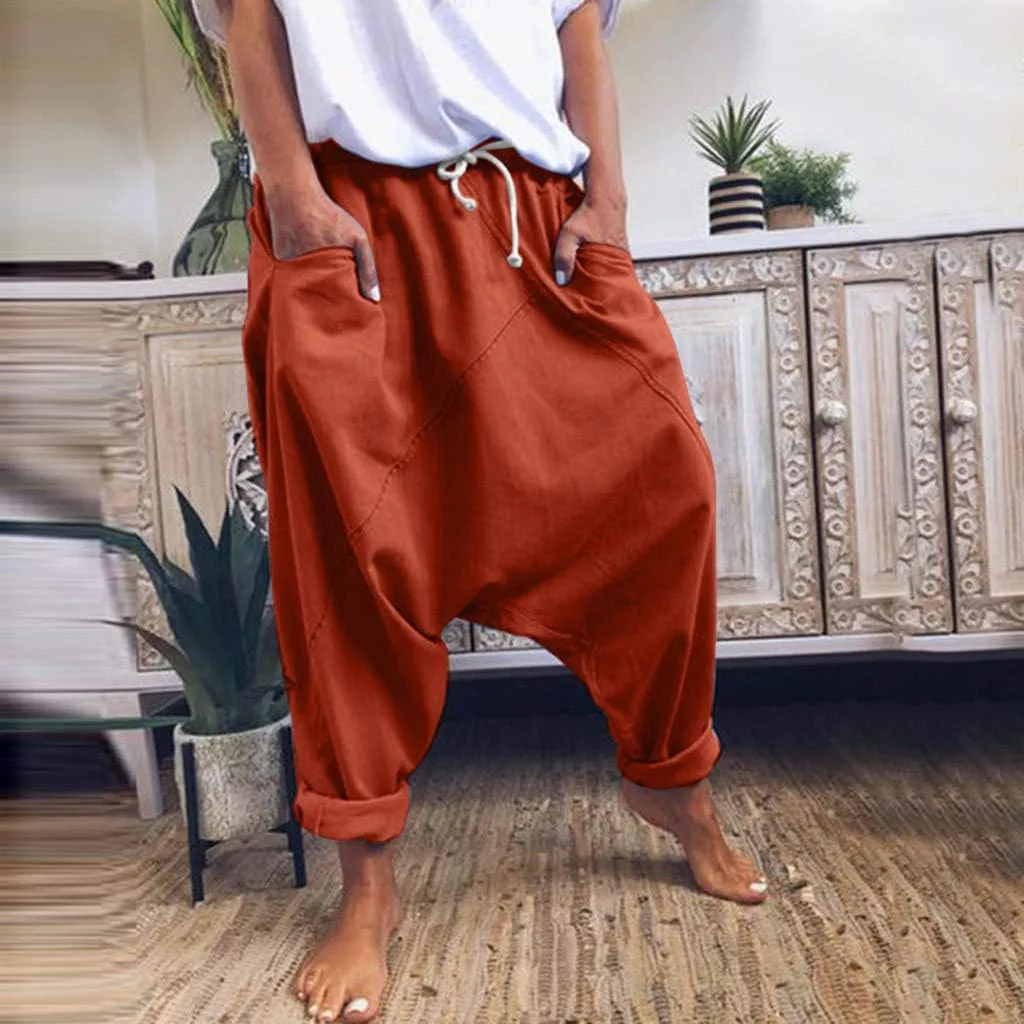 WABEOR Drop Crotch Pants Women Cotton Hippie Baggy Harem Pants Loose Fit Patchwork Pants Casual Summer Elastic Waist Trousers