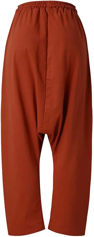 WABEOR Drop Crotch Pants Women Cotton Hippie Baggy Harem Pants Loose Fit Patchwork Pants Casual Summer Elastic Waist Trousers