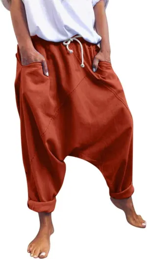 WABEOR Drop Crotch Pants Women Cotton Hippie Baggy Harem Pants Loose Fit Patchwork Pants Casual Summer Elastic Waist Trousers