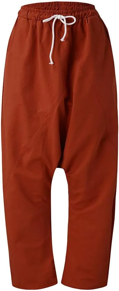 WABEOR Drop Crotch Pants Women Cotton Hippie Baggy Harem Pants Loose Fit Patchwork Pants Casual Summer Elastic Waist Trousers