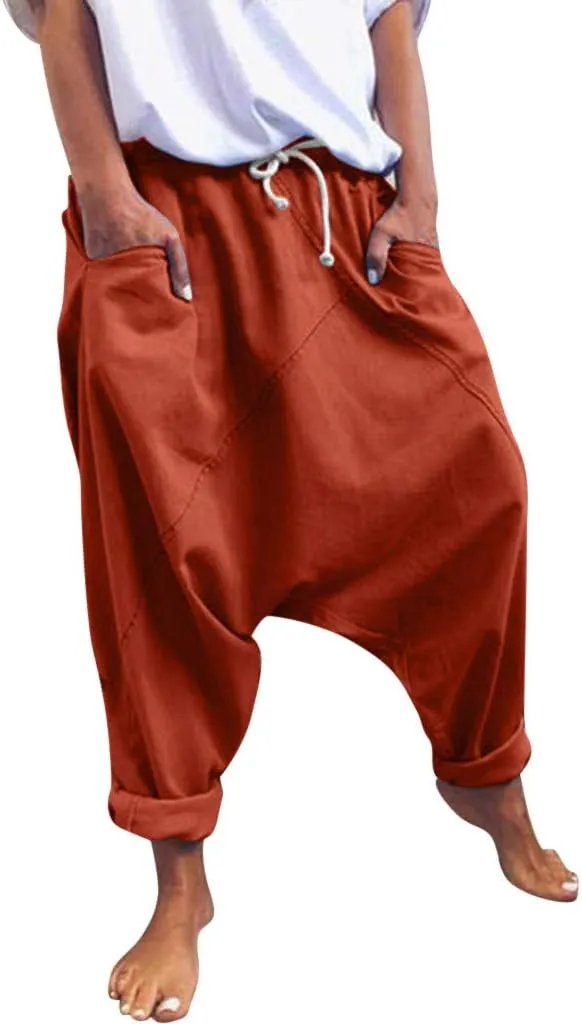 WABEOR Drop Crotch Pants Women Cotton Hippie Baggy Harem Pants Loose Fit Patchwork Pants Casual Summer Elastic Waist Trousers