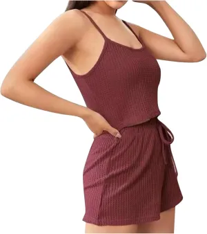 Waffle Knit Pajama Set for Womens Sleeveless Crop Tank Top and Drawstring Shorts Lounge Tracksuit 2 Piece PJ Sets