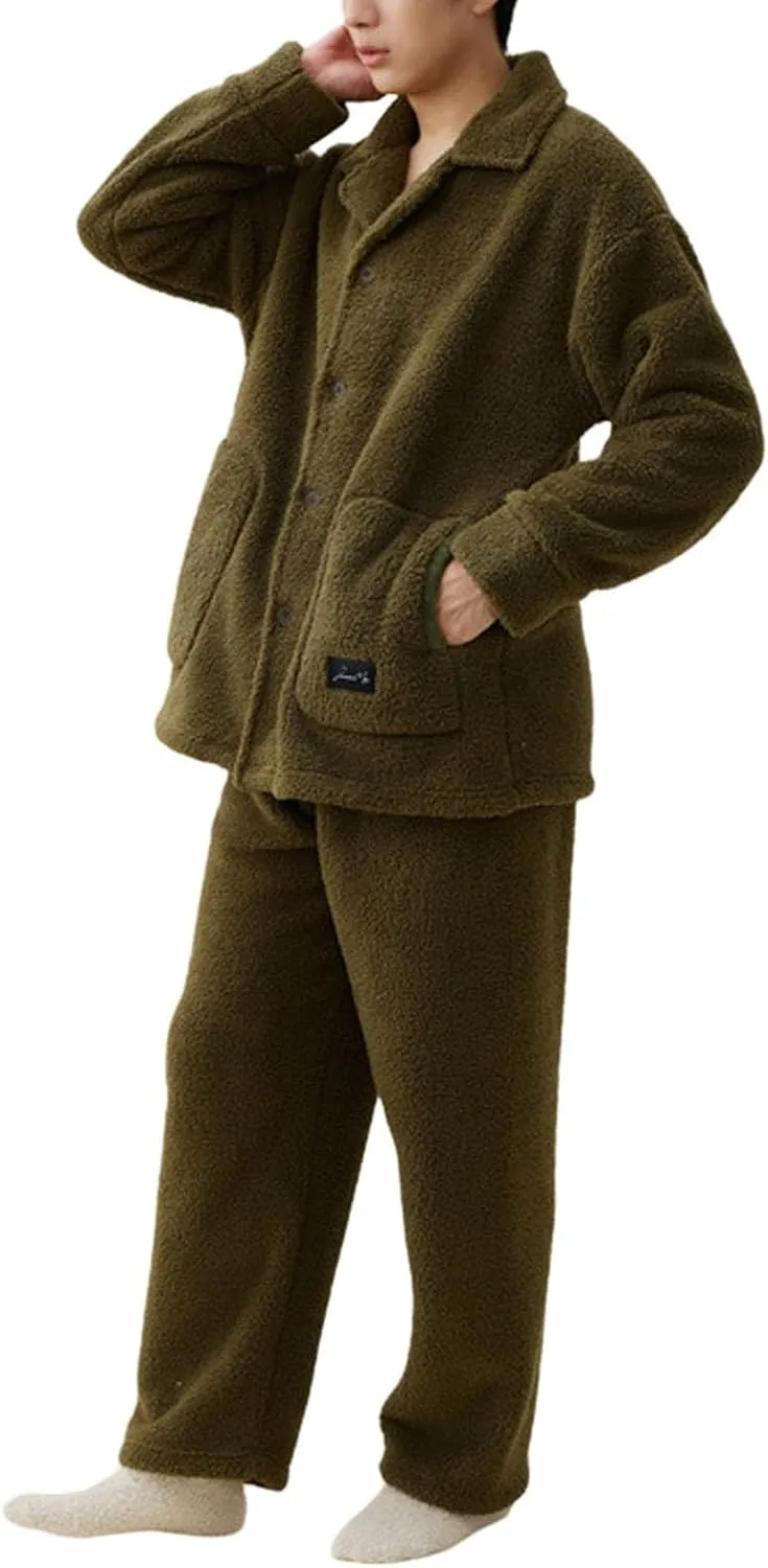 Warm Pajamas For Men Winter Fleece Cozy Button Up Long Sleeve Pjs Lounge Pants Soft Home Loungewear Sleepwear