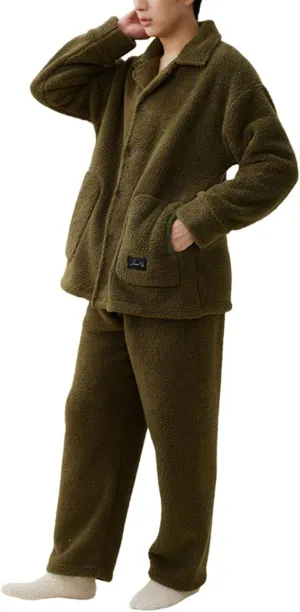 Warm Pajamas For Men Winter Fleece Cozy Button Up Long Sleeve Pjs Lounge Pants Soft Home Loungewear Sleepwear