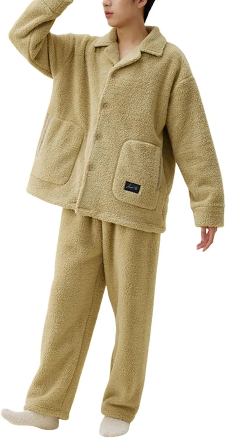 Warm Pajamas For Men Winter Fleece Cozy Button Up Long Sleeve Pjs Lounge Pants Soft Home Loungewear Sleepwear
