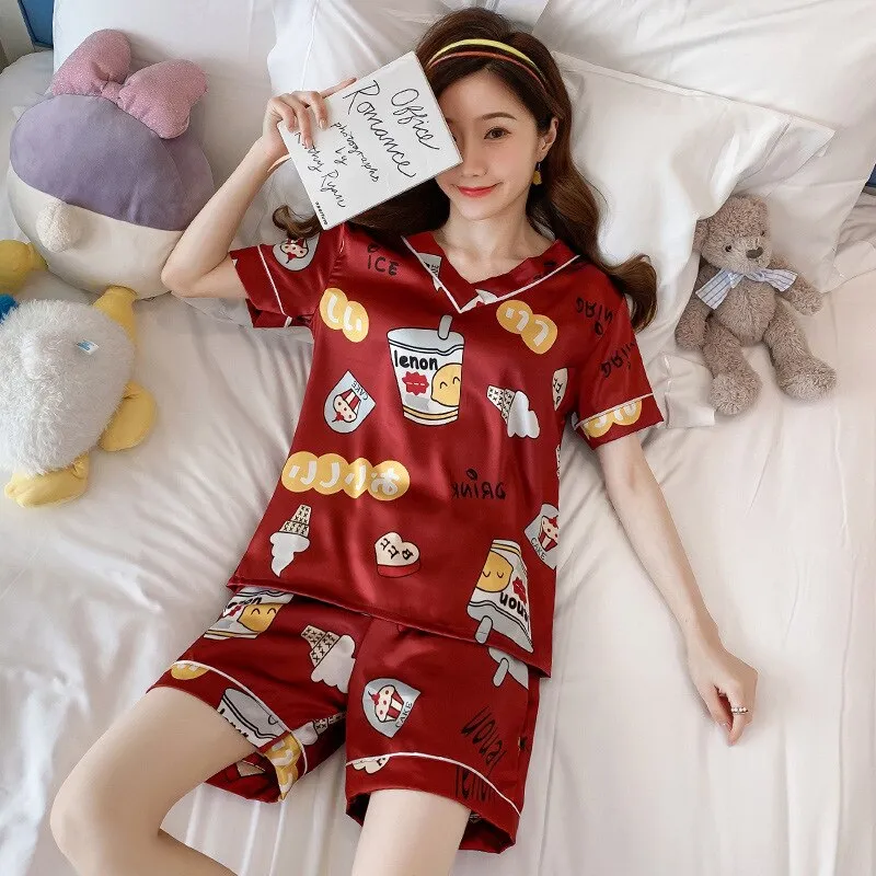 Wenkouban Women's Summer Thin Ice Silk Pajamas Short-Sleeved Korean Version Cute Silk Student Cartoon Home Clothes Two-Piece Suit