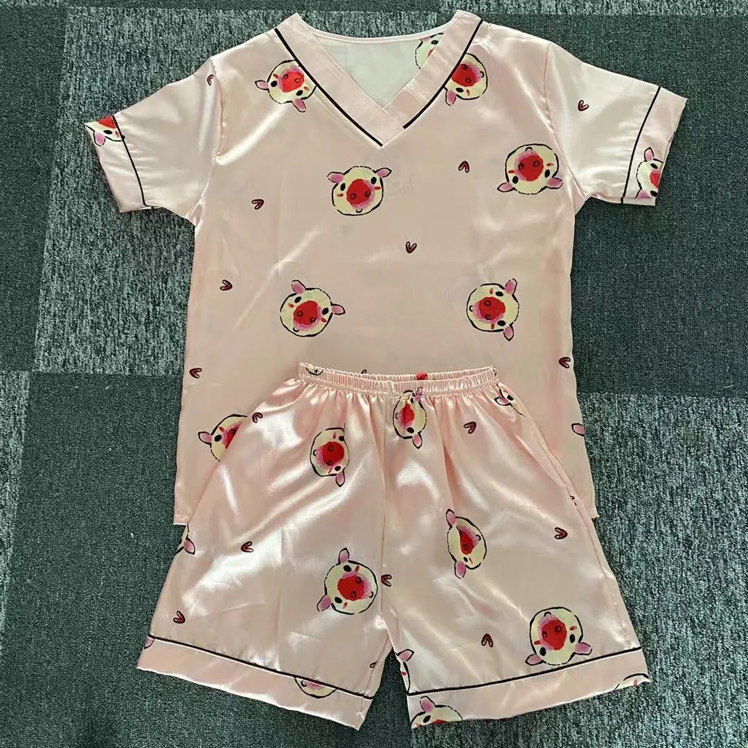 Wenkouban Women's Summer Thin Ice Silk Pajamas Short-Sleeved Korean Version Cute Silk Student Cartoon Home Clothes Two-Piece Suit